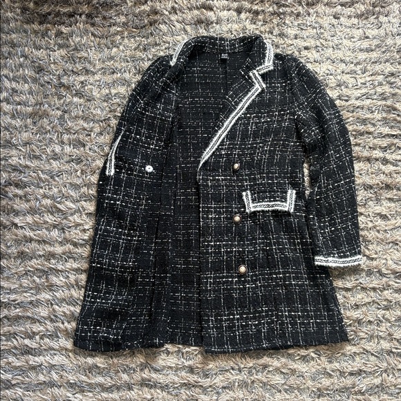 Greathe Women's Black Tweed Double-Breasted Blazer Dress with White Trim, Size S - Picture 7 of 10